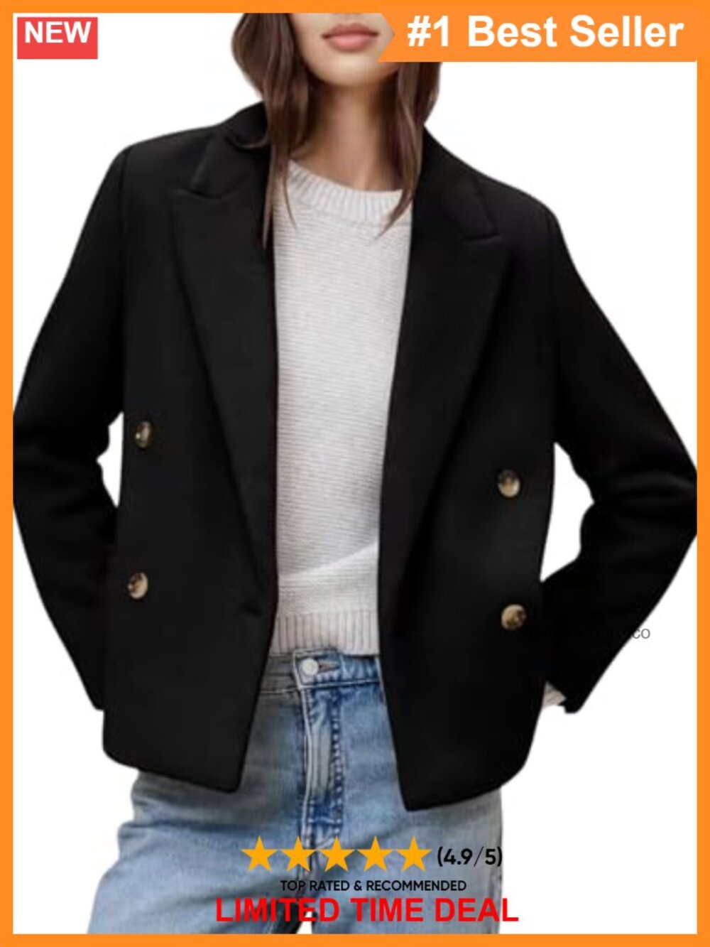 Womens Cropped Wool Blend Pea Coat Double Breasted Notch Lapel Winter Jacket